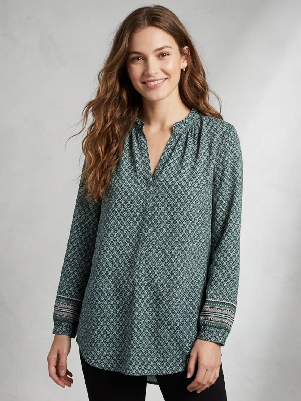 Madewell 100% Silk Blouse Small S Green Geometric Boho Long Sleeve Top F6887